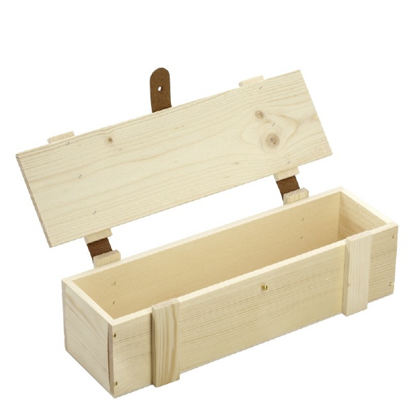 Holzbox mit Klappdeckel u Lederbeschlgen 34x9x9cm