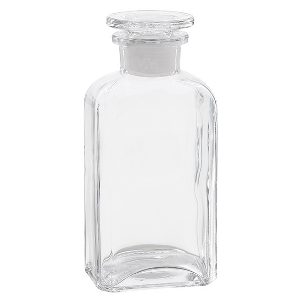Vierkantflasche 250ml klar Weithals Glasstopfen