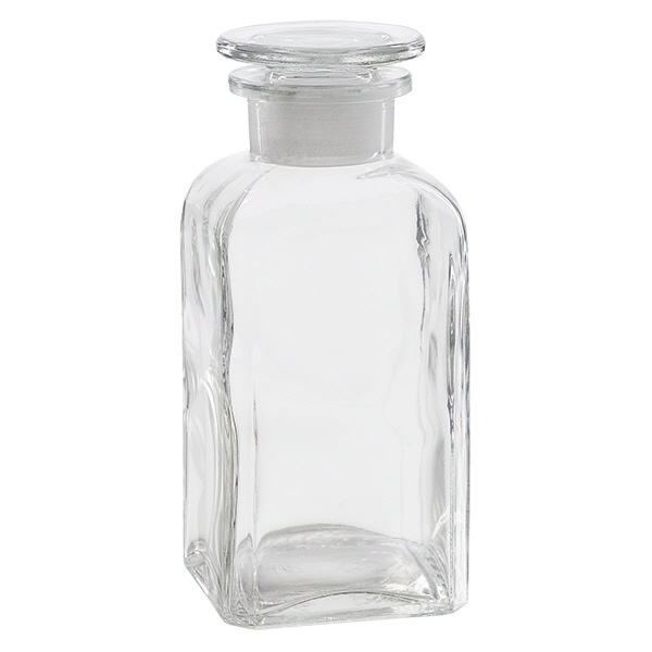 Vierkantflasche 350ml klar Weithals Glasstopfen
